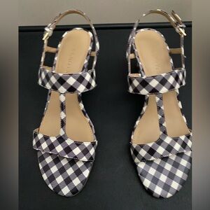 Womens Black & White Check T-Strap Wedge Sandals Talbots 7.5